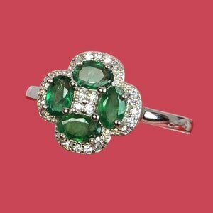 925 Sterling Silver Flower Ring with Natural  Emerald Gem & Cz